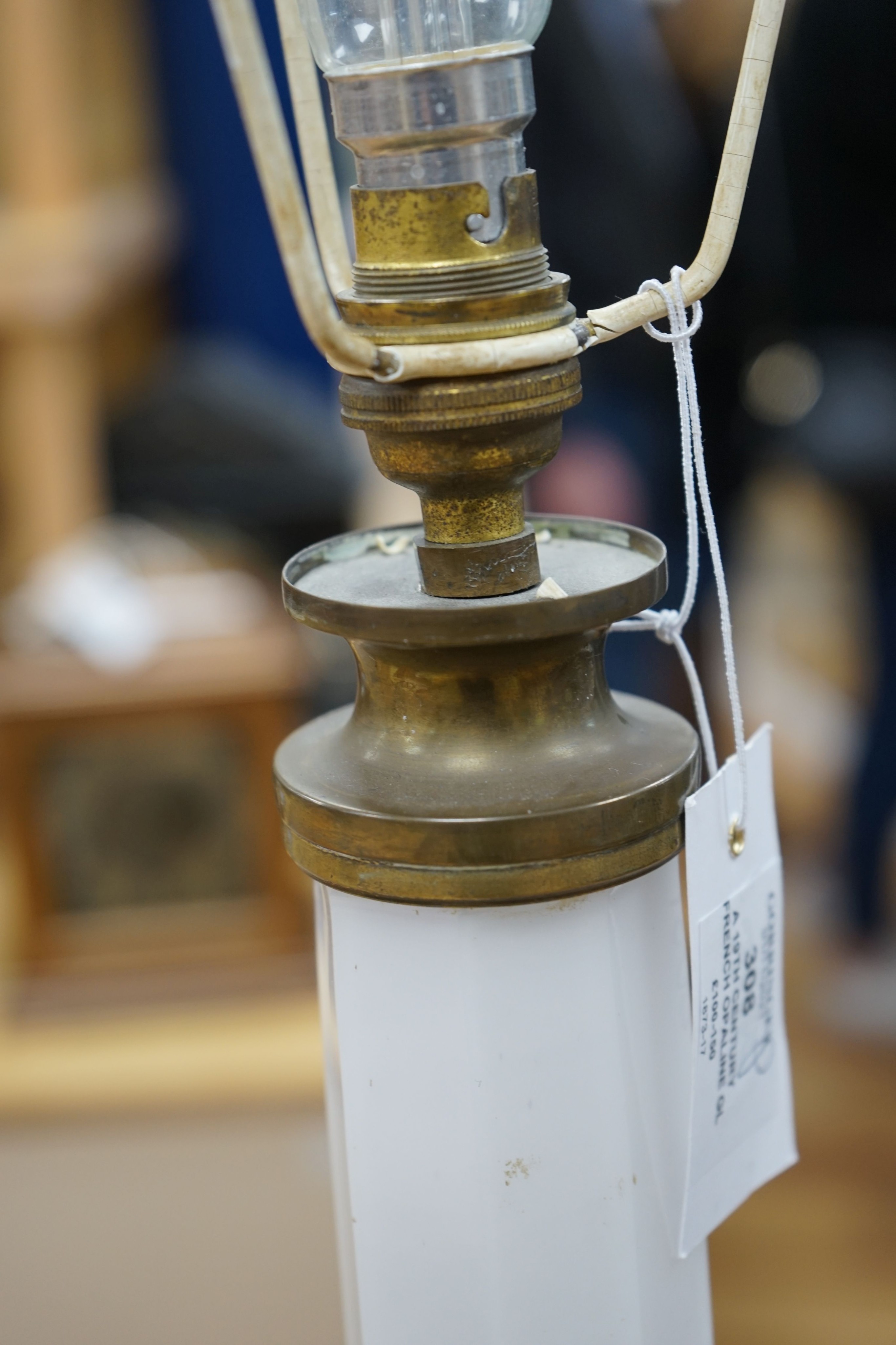A 19th century French opaline glass lamp converted to electric 54cm